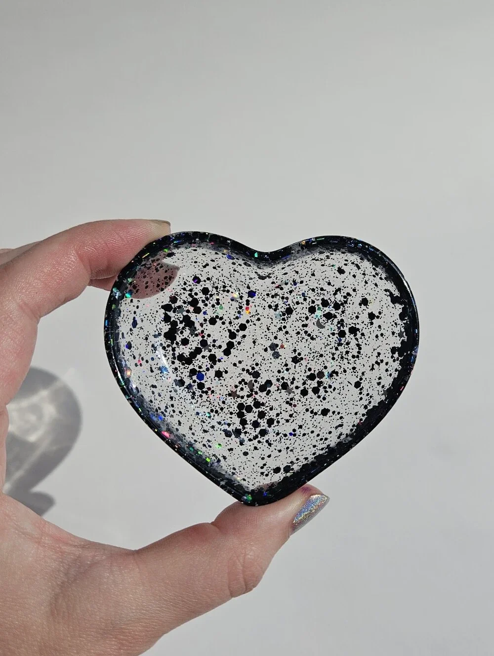 Handmade Holographic Black Glitter Mini Heart Resin Dish Jewelry Tray Girly Deco